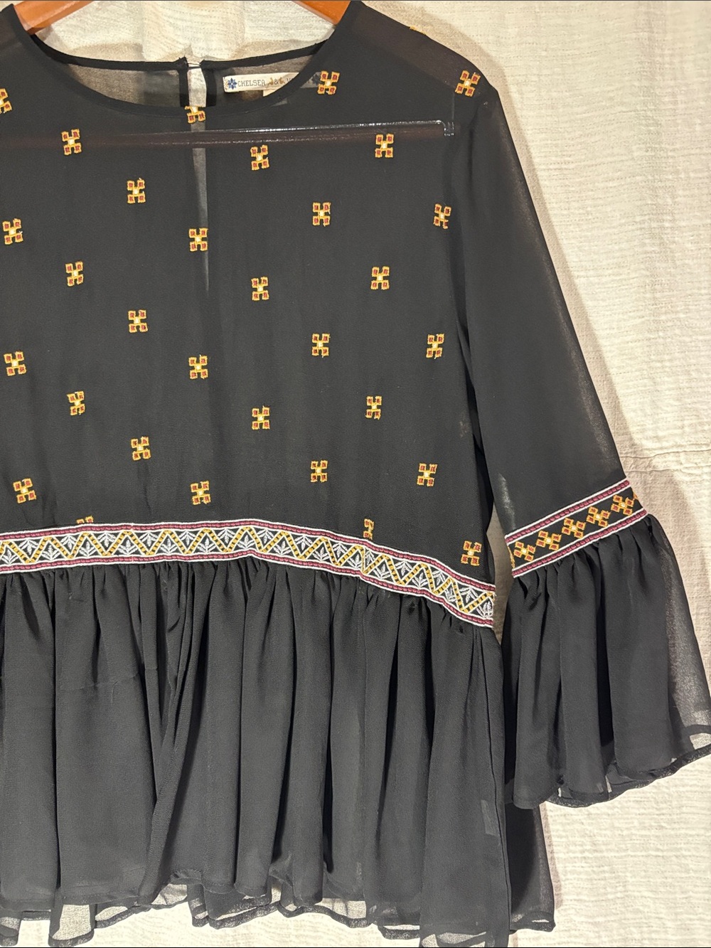 Chelsea & Violet Black Ruffled Peplum Blouse with Gold Embroidery Bell Sleeves - Picture 8 of 11